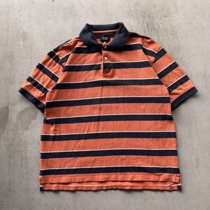 Bass Polo Shirt Mens Large Orange Navy Blue Striped Short Sleeve Fair Condition